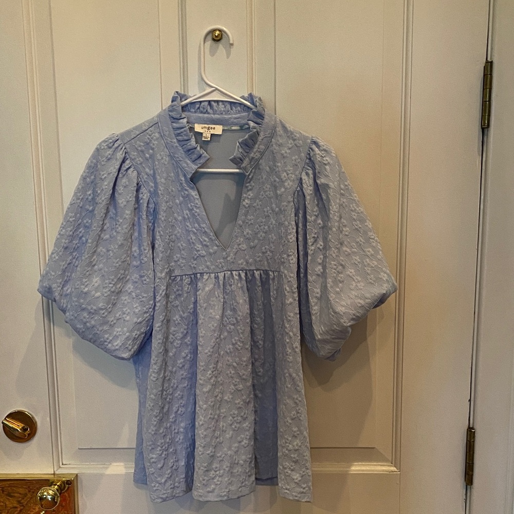 Umgee Light Blue Textured Blouse with Ruffles